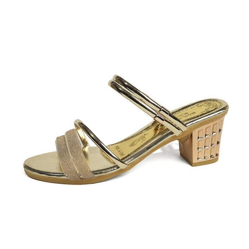 

Босоножки с рыбьим носом женские новая летняя мода высокий каблук с открытым носком толстый каблук стразы две носки шлепанцы на одном слове 41 золотой