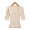 Women's Scoop Neck 3/4 Sleeve Slim Fit T Shirt Solid Color Basic Crop Top Casual Tee