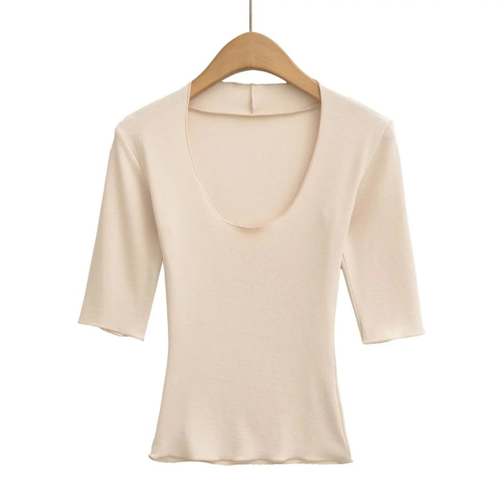 Women's Scoop Neck 3/4 Sleeve Slim Fit T Shirt Solid Color Basic Crop Top Casual Tee