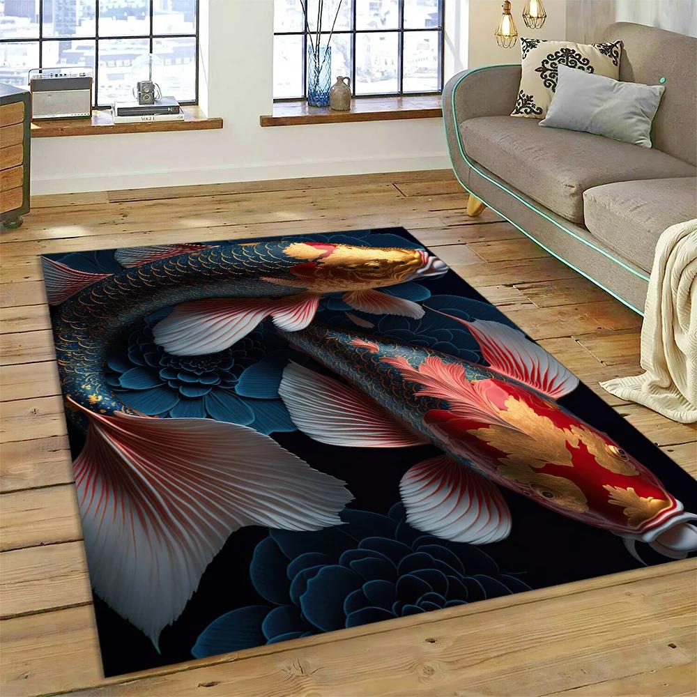 שטיח מצויר דגי קוי יין יאנג טבעיים לבית, לסלון, לחדר השינה, לספה, שטיחון כניסה, קישוט, שטיח אזור לילדים, מחצלת מונעת החלקה