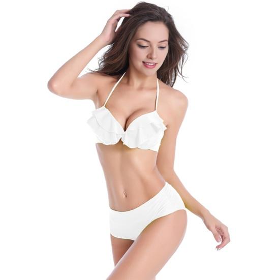 Women Bikini Set, Push-Up Cup with Built-In Steel Support Bikini Set, Double Layer Ruffle Trim Swimming Suit, Adjustable Hanging Neck Strap High
