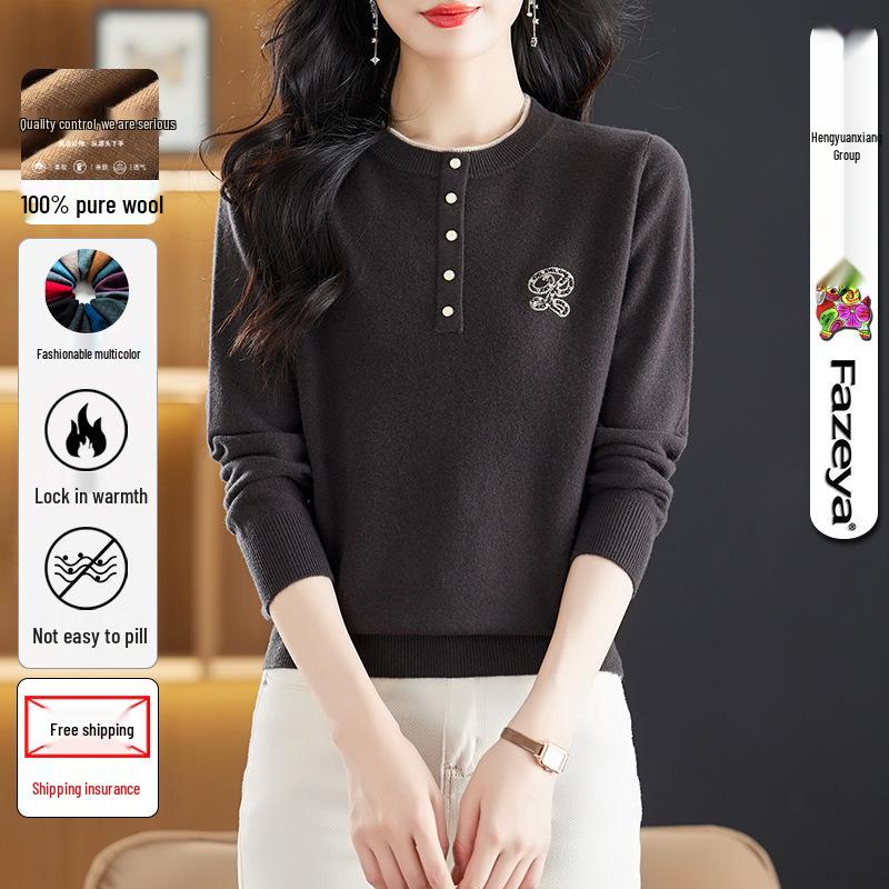 

Женский свитер с длинным рукавом Hengyuanxiang из 100% шерсти - Круглый вырез, Идеально подходит для осени/зимы 110 (Medium) темно-серого