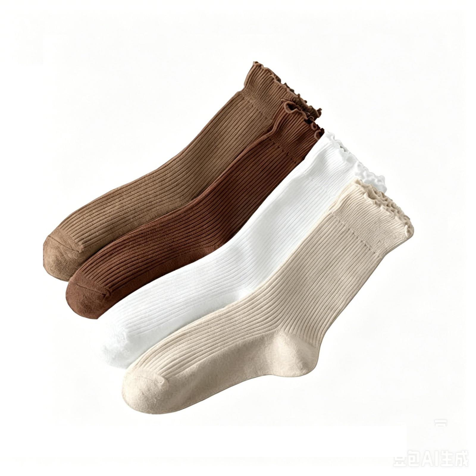 

4 Pairs Mid-Calf Ribbed Socks with Ruffled Edges Soft Cotton Blend Anti-Pilling Stretchy Non-Binding Top for Everyday Wear and Postpartum Use One Size