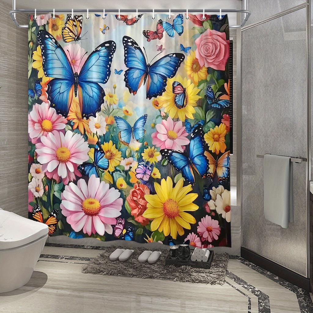 Enchanting Butterfly Garden Shower Curtain - Waterproof, Vibrant Flower Butterfly Design, Creating a Magical Atmosphere