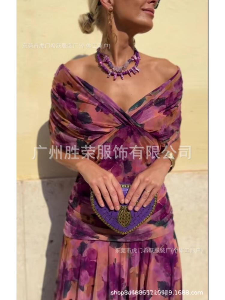 Damen Burgunder Schulterfreies Rüschen Chiffon Maxi Abendkleid