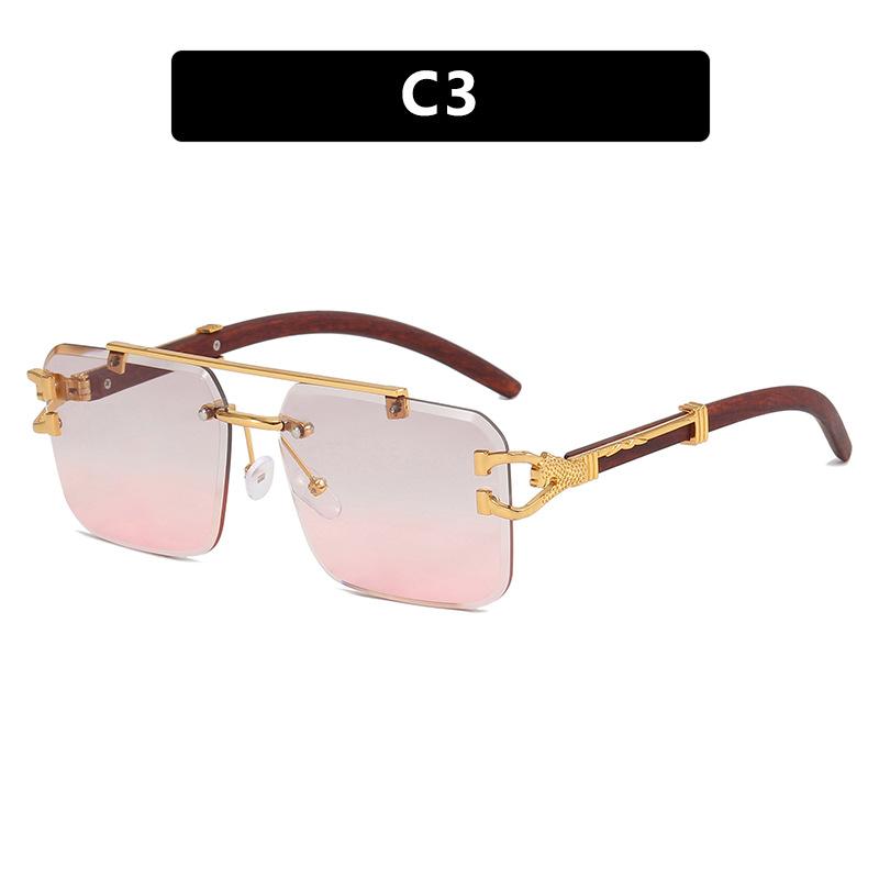 Double beam sunglasses frameless trimmed square sunglasses new European and American fashion leopard tide sunglasses wood grain