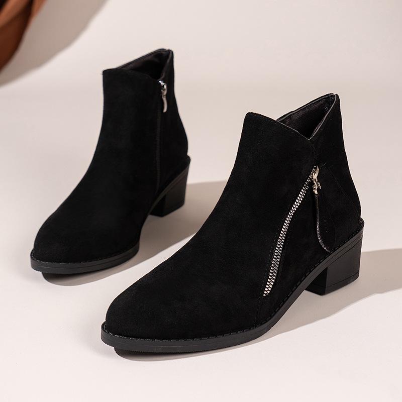 Modische Wildleder-Reißverschluss-Stiefeletten für Damen 2025 Herbst Spitz Damen Schuhe Gewebtes Patchwork Damenstiefel Prägnanter Blockabsatz Chelsea Boots