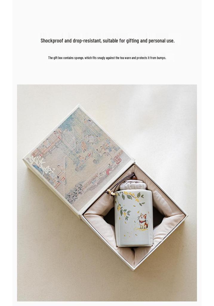 Osmanthus Kitten Exquisite Ash Wood Ceramic Tea Storage Can