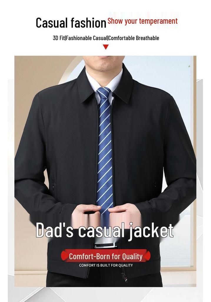 Men's High-End Windproof Jacket - Casual Spring/Autumn Coat for Middle-aged & Elderly Dads with Lapel Business Style