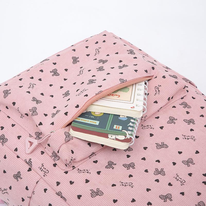 Three-Piece Backpack Set Bow Printed Corduroy Large Capacity Handbag Multi-Functional Backpack with Lunch Bag Pen Bag