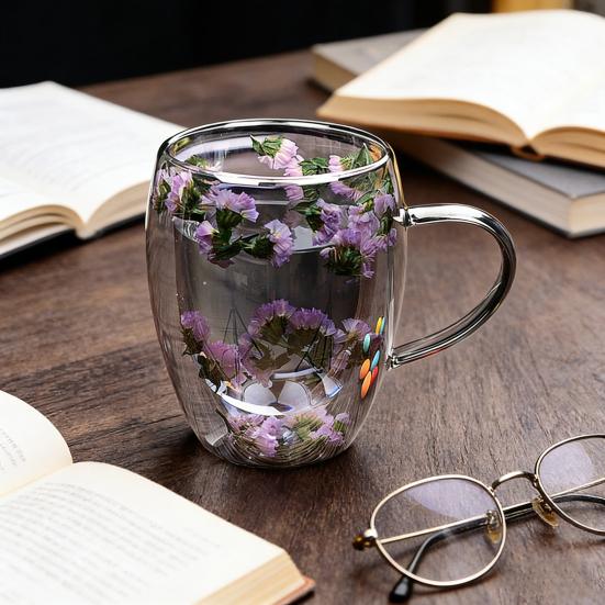 Double Wall Glass Coffee Mug with Handle High Borosilicate Heat Resistant Cup Colorful Petal Design Hot