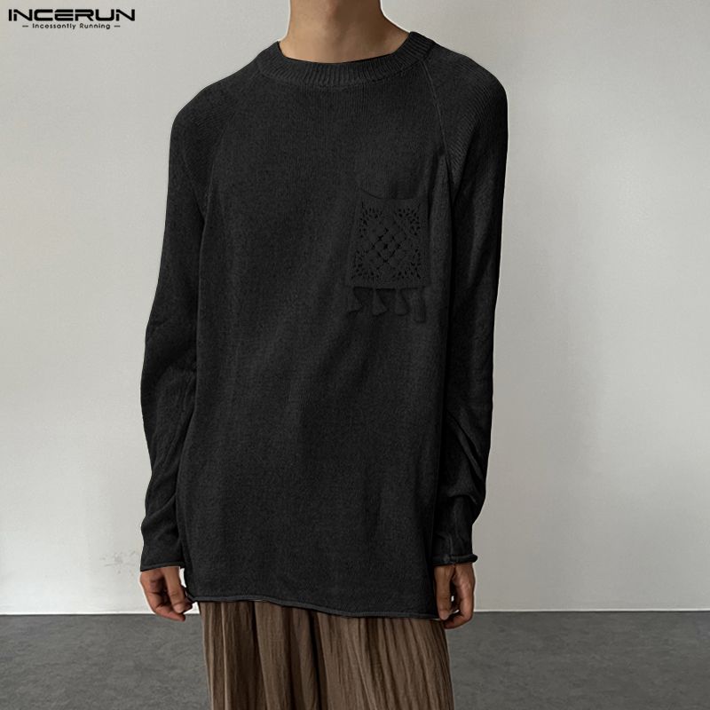 INCERUN Spring Men Round Neck Long Sleeve Crochet Casual Loose Pullover T-shirts Tops