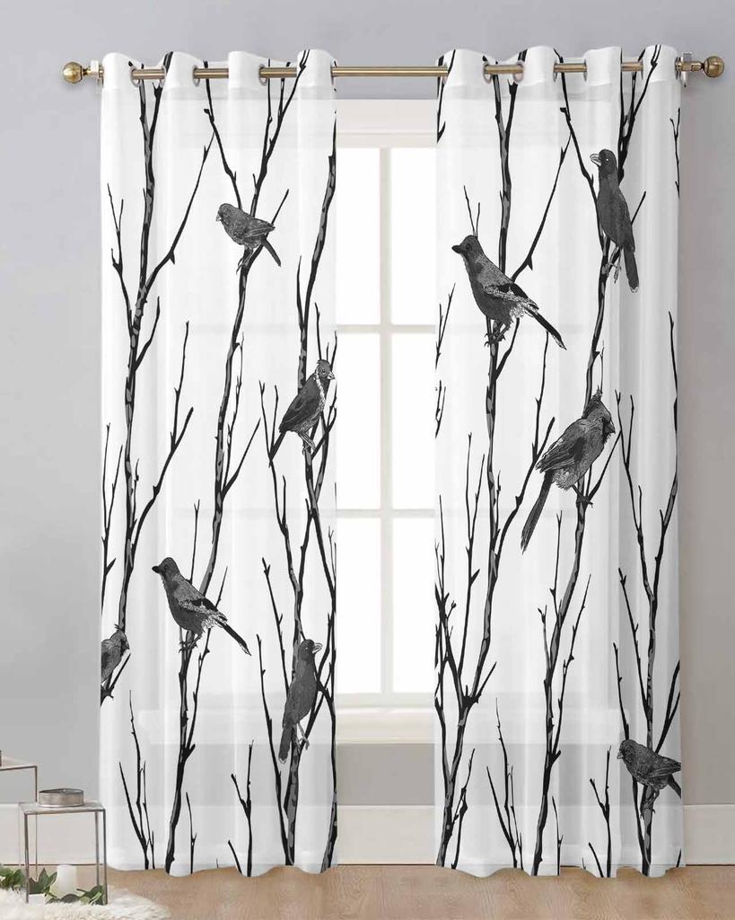 Branch Bird Silhouette Sheer Curtains for Living Room Decoration Window Curtains for Kitchen Tulle Voile Organza Curtains