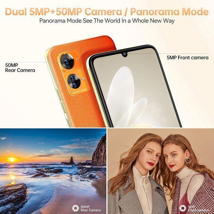 OUKITEL C33 Smartphone Pas Cher 15Go+256Go Telephone Portable Caméra 50MP 6.8" HD+ 5150mAh Smartphone Dual SIM/Face ID/GPS, Orange