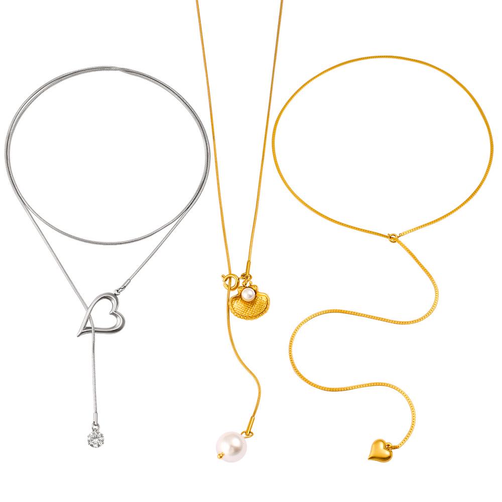 18K Gold Pearl Heart Pendant Zircon Y-Shaped Long Necklace, Double Layer Stackable Titanium Steel