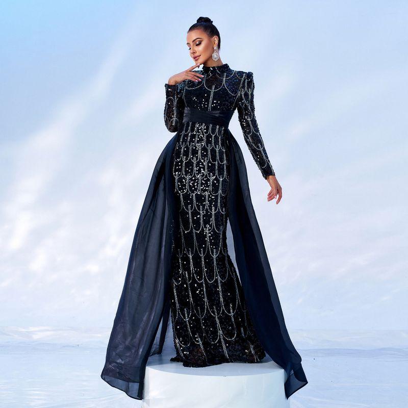 Wedding Dress European and American New Style Long-Sleeved Round Neck Long Sequined Banquet Cape Fishtail Evening Dress Bridesmaid Dress