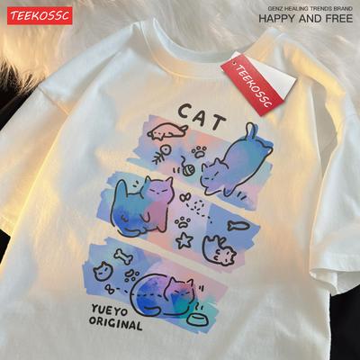 Färgglad Trendig Lös Och Andningsbar Sommar T-shirt i Ren Bomull Kortärmad Män Kvinnor Drömsk Rolig Katt Söta Kläder