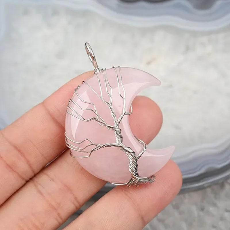 Natural Crystal Pendant Wire Wrap Tree Of Life Big Moon Crescent Mineral Stone Pendulum Amethyst Quartz Necklace For Women Gift