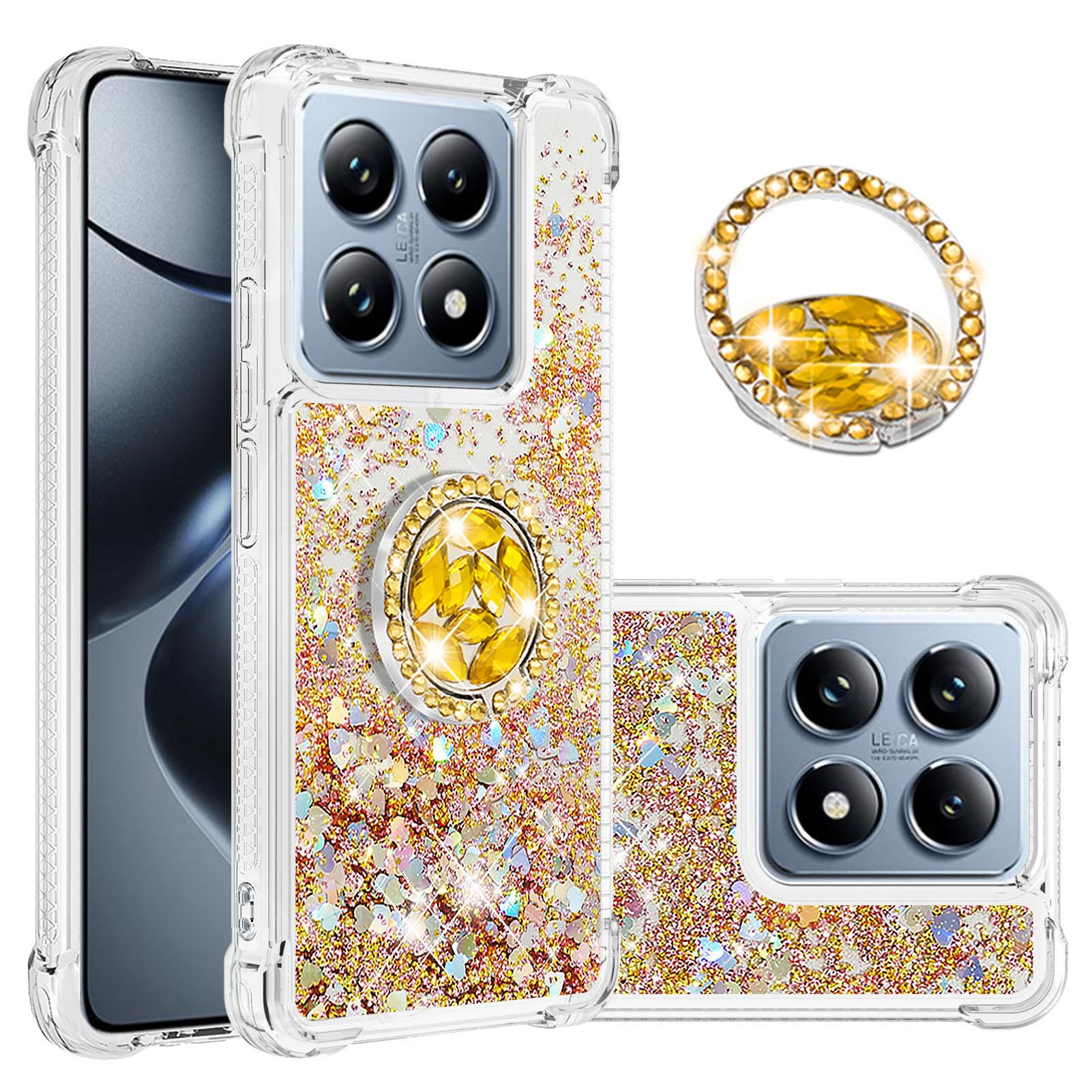

For Xiaomi 14T Pro/Xiaomi 14T TPU Case with Kickstand Quicksand Shockproof Cover Gold/Hearts