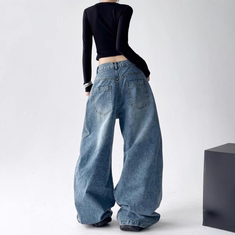 Vintage Washed Letter Print Multi-pocket Tooling Jeans Men's and Women's Loose Wide-leg Cutter Pants