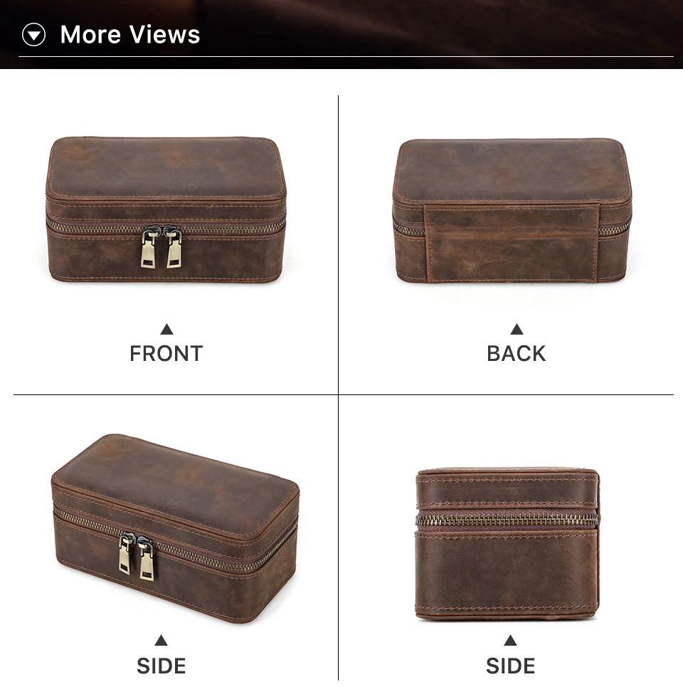 Vintage Crazy Horse Leather Watch and Jewelry Travel Box - Genuine Three-Piece Storage, Portable Ornament Gift Case.