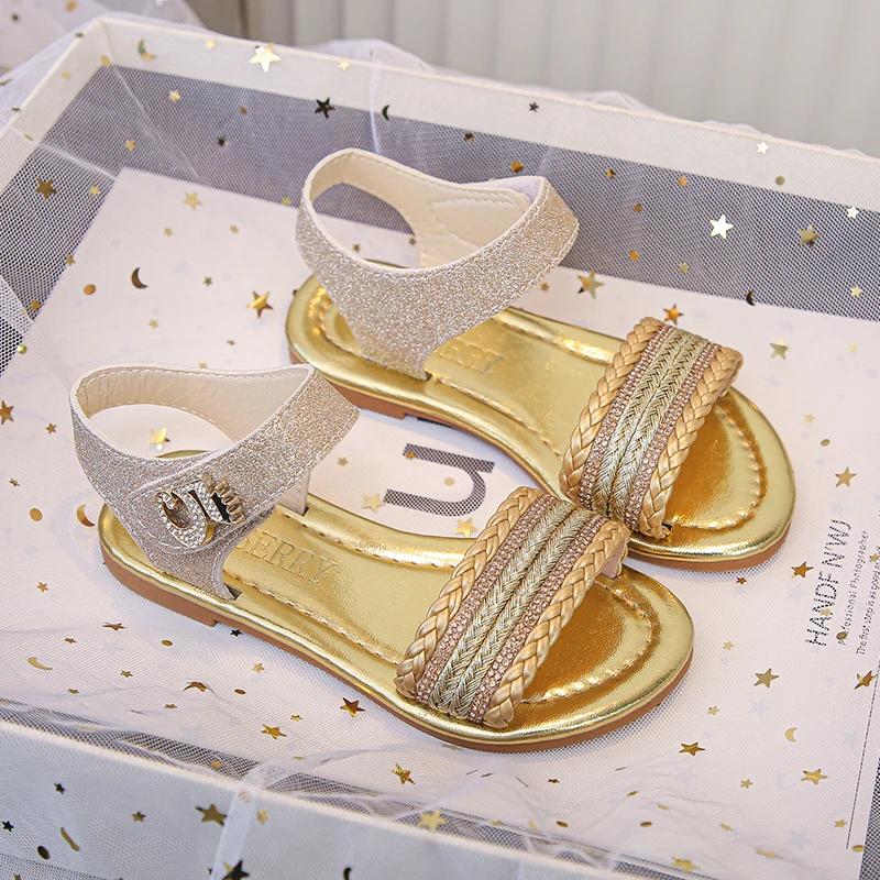 

Girls Glitter Beach Shoes 2025 Summer Brand New Shiny Bling Princess Kids Flat Sandals Open Toes Sweet Children Swimming Sandals 26 золотой