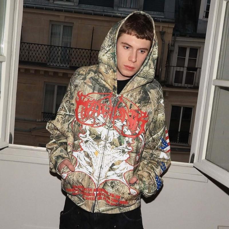 Mens Gothic Streetwear Hoodie 3D Print Zip-Up Loose Fit Casual Sweatshirt
