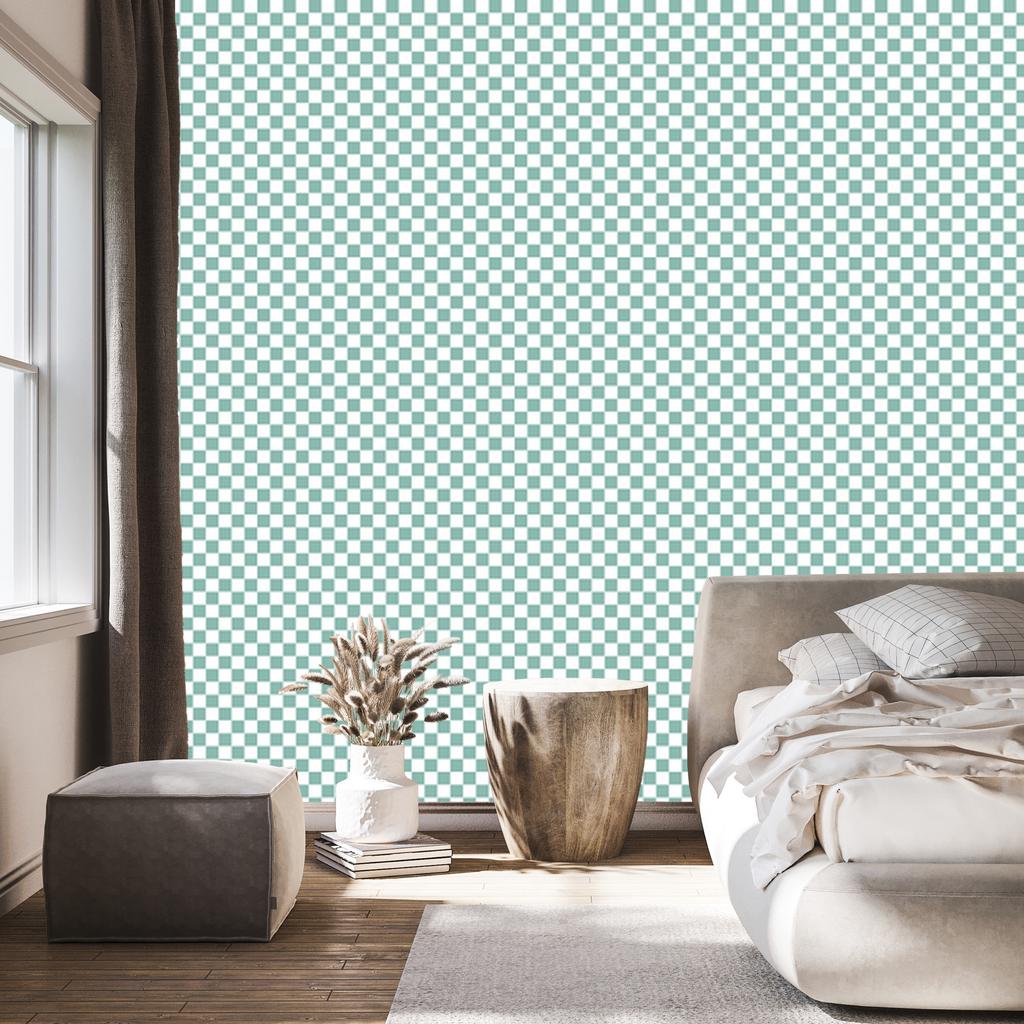 Checkerboard wallpaper white, sea blue and light gray 50x1000