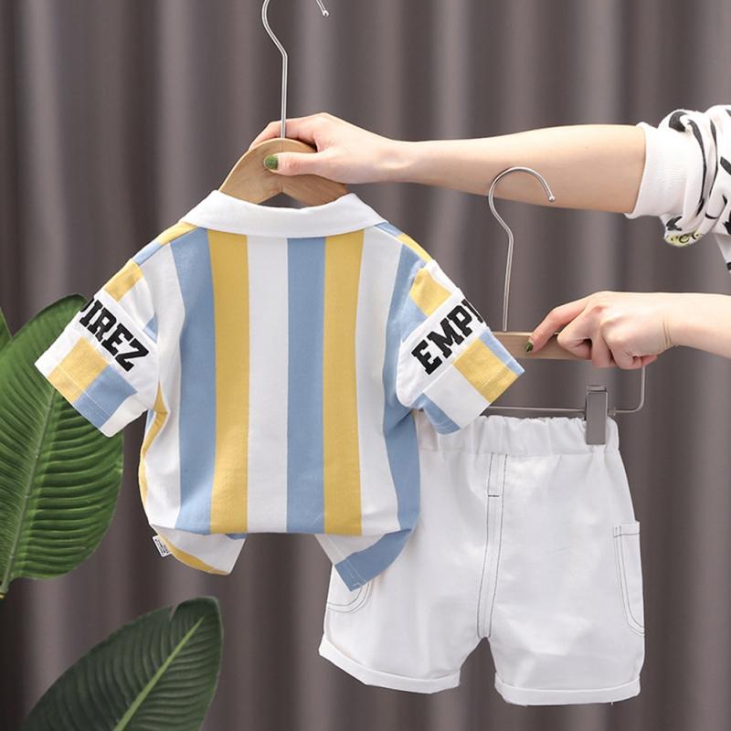 Boys Summer Suit Middle and Small Children Short-sleeved Striped Polo Shirt + Shorts Handsome Two-piece Set