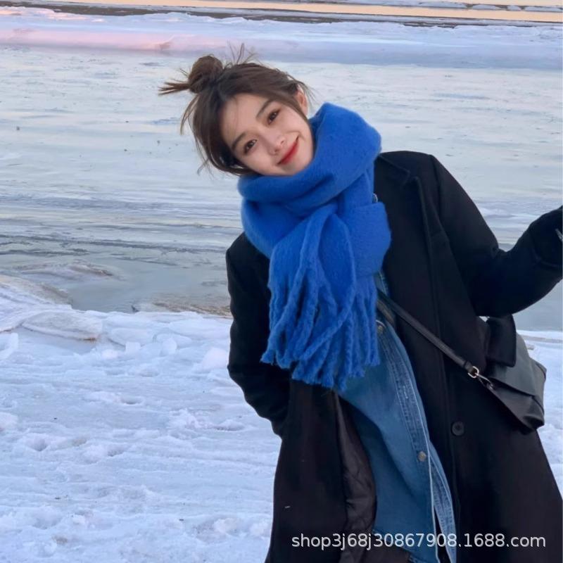 Iceland sea salt blue scarf women's autumn and winter new mohair solid color versatile scarf warm imitation cashmere shawl