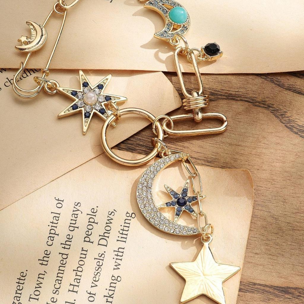 Moon Star Multi Charm Lariat Necklace Gold Paperclip Chain Y Shaped Pendant Necklace Fashion Jewelry for Women