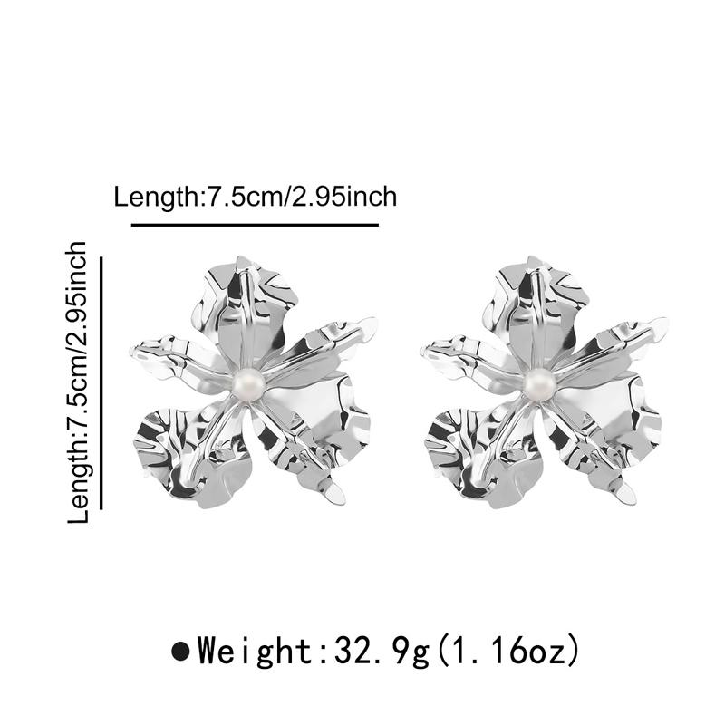 Exaggerated Gold Color Double-Layer Flower Stud Earrings for Women Creative White Imitation Pearl Temperament Earrings Jewelry