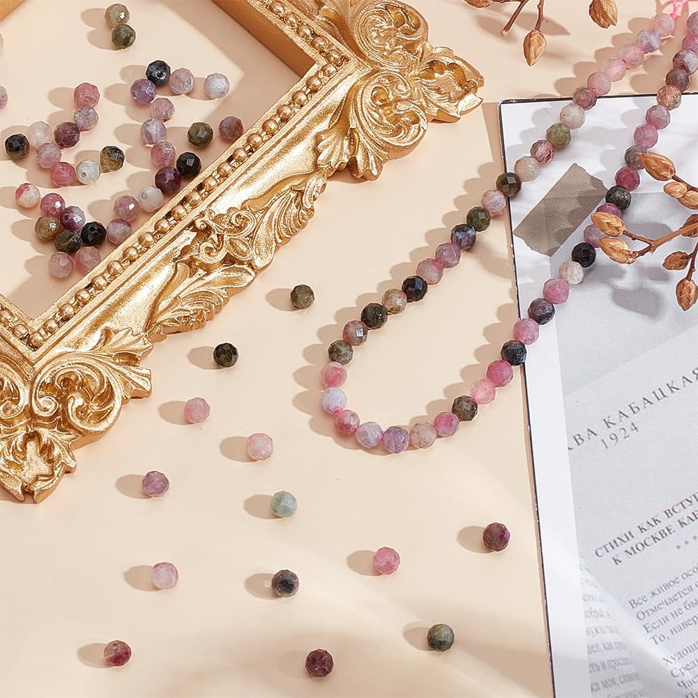 About 90Pcs Faceted Natural Tourmaline Beads 4mm Round Small Gemstone Strands Mixed Color Loose Spacer Seed Beads for DIY Necklace Bracelets Earring