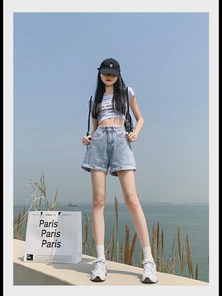 High-Waisted A-Line Denim Shorts for Women - Korean Style Summer Fashion, Wide-Leg, Casual Curling Design.