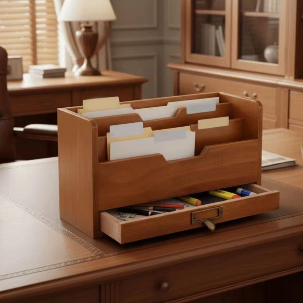 Rustic Desktop Drawer Storage Box Wooden Mail Organizer Stationery Storage Containers Office Use