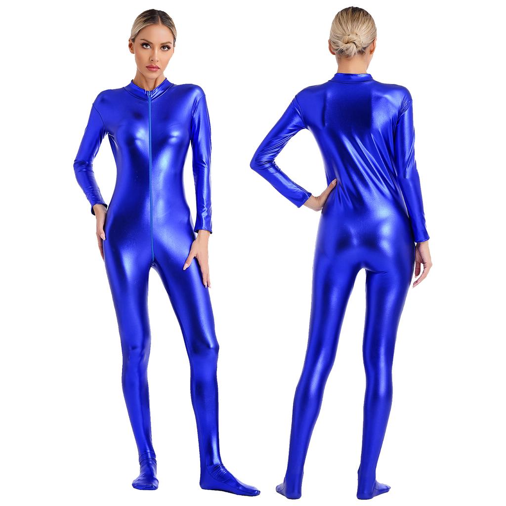 Womens Metallic Shiny Zentai Jumpsuit Mock Neck Long Sleeve Front Zipper Full Body Unitard Tights for Dance Performance