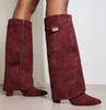 Bottes à talon bloc pointues pour femmes grande taille avec boucle métallique – Mi-longues, Mollets larges