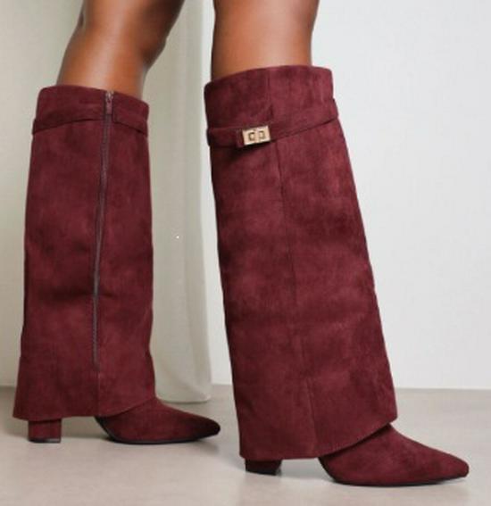 Bottes à talon bloc pointues pour femmes grande taille avec boucle métallique – Mi-longues, Mollets larges