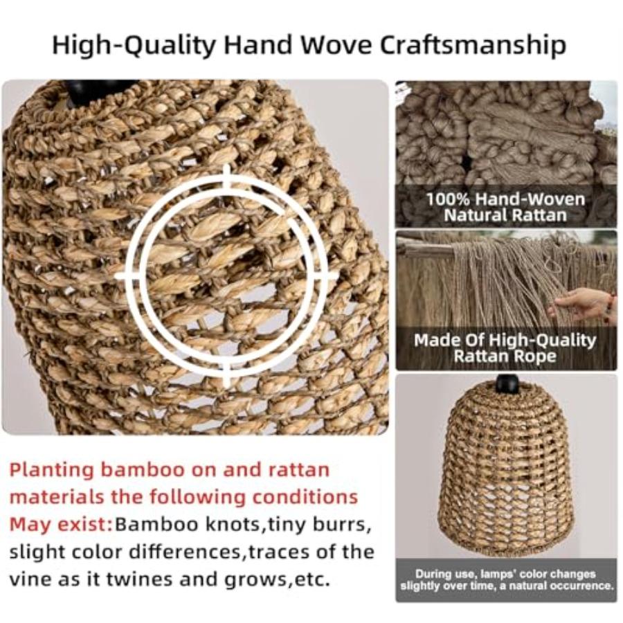 Boho Pendant Light Fixtures 9.5 Hand Woven Seagrass Rattan Mini Chandelier for Dining Living Bedroom Kitchen Farmhouse 3-Pack N