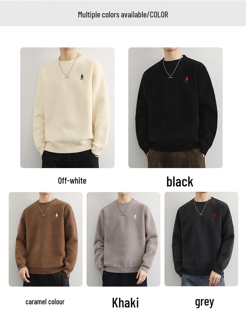 Men's Youth Velvet Thickened Wool Sweater - Embroidered, Warm, Trendy Round Neck Knitwear for Autumn and Winter