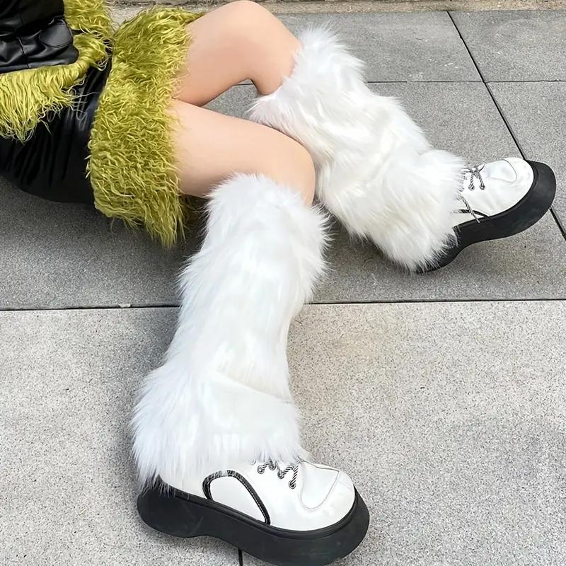 Furry Leg Warmers Y2K Goth White Faux Fur Leg Warmer Boot Covers Women Lady Cute Jk Knee-length Hipster Warm Sock Fashion Socks