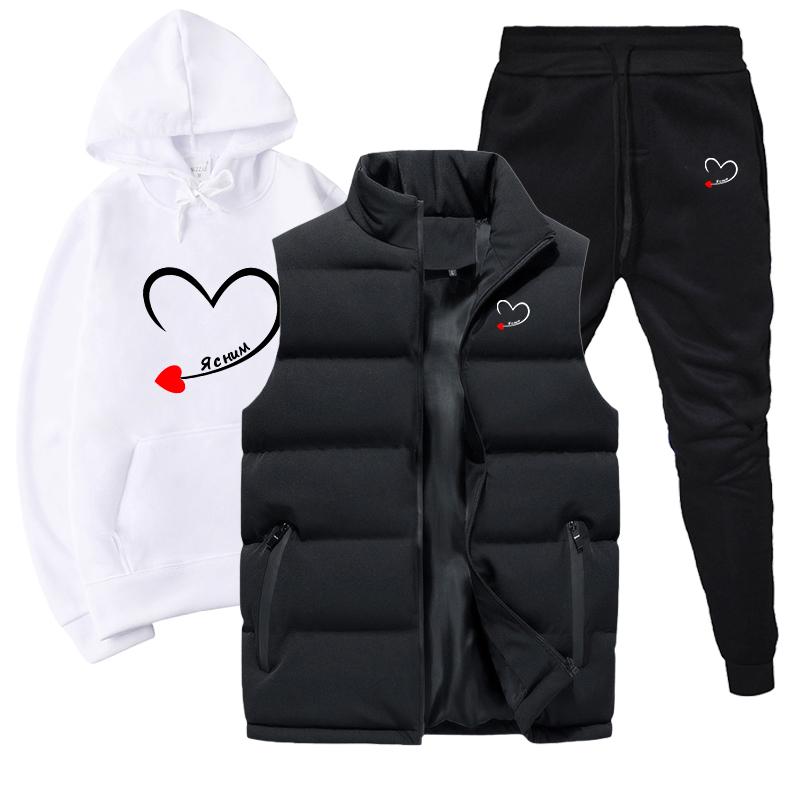 

Мужские и женские толстовки, комплект из 3 предметов, осенне-зимние толстовки + жилет + брюки, спортивный костюм L белый