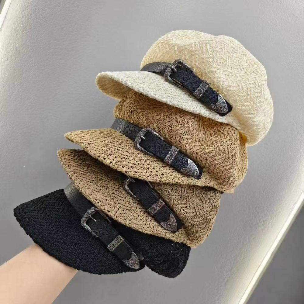 Breathable Woven Straw Cap Leather Buckle Sunshade Cap Casual Octagonal Hat Spring And Summer