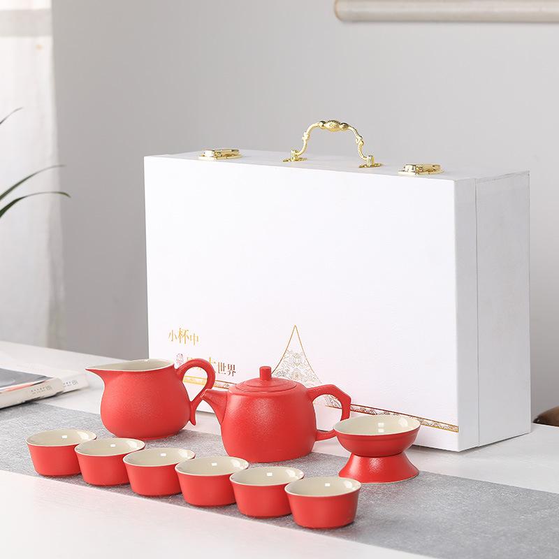 Coarse Pottery 10-Piece Teapot and Teacup Kung Fu Tea Ceramic Complete Household Simple Gift Box Set
