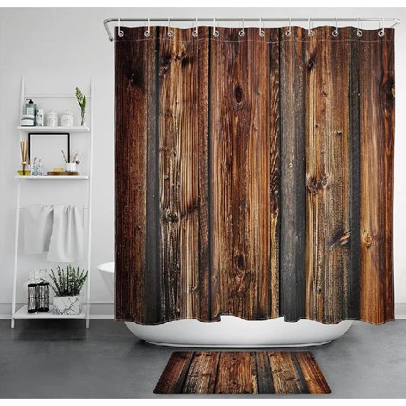 Rustic Country Style Barn Door Shower Curtains Farmhouse Western Brown Primitive Wood Rural Life Polyester Fabric Set With Hooks