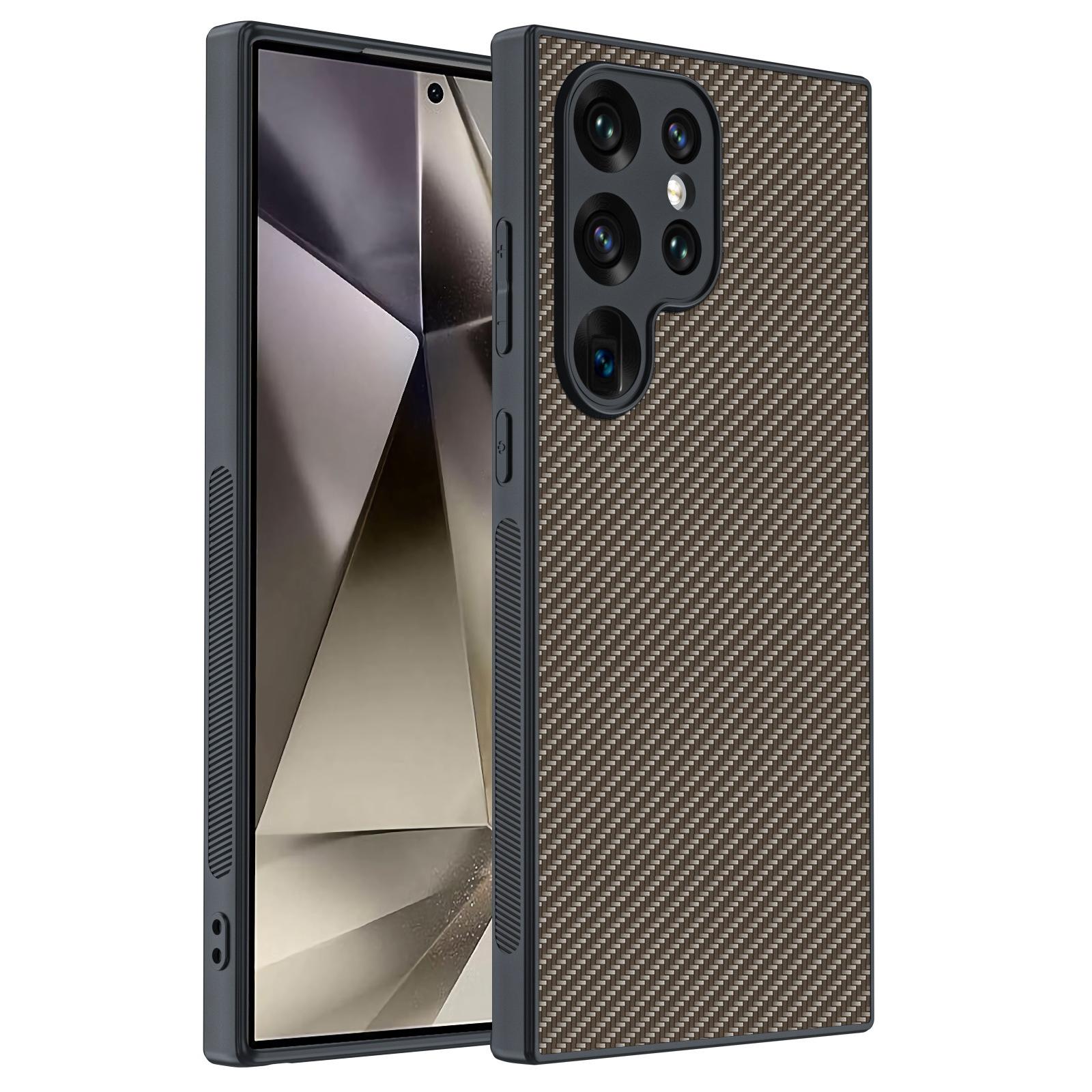 

Шкіряний чохол для Samsung Galaxy S24 Ultra + жорсткий чохол для ПК із текстурою вуглецевого волокна Carbon Fiber/Gold