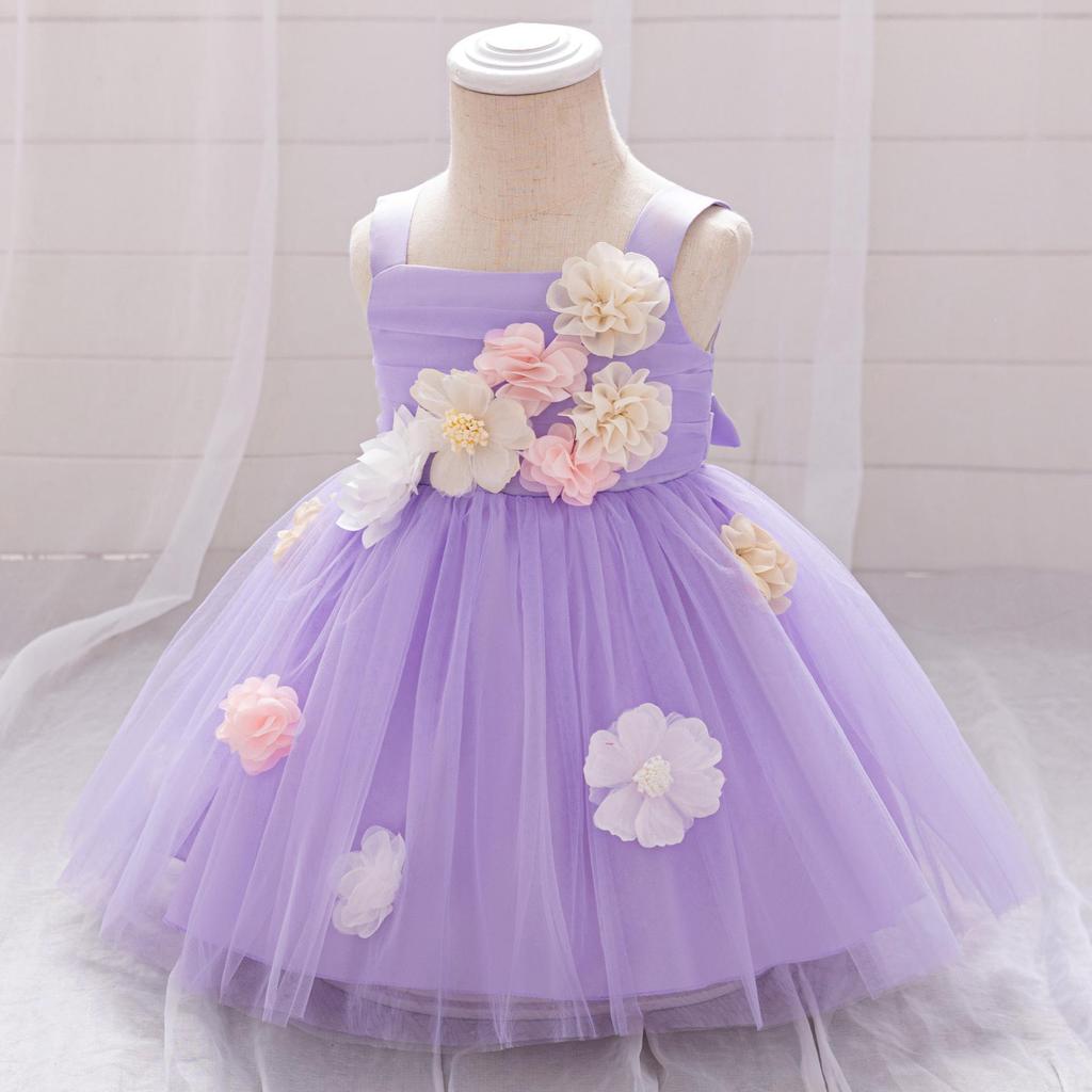 European & American Style One-Shoulder Baby Girl Wedding Dress with 3D Flowers, Ideal for First Birthday or Special Occasion Performance.