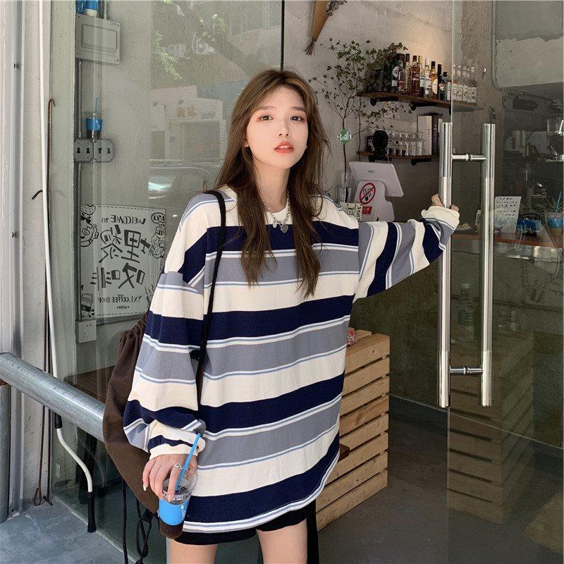 Stripe Chic Hoodie Women Spring Autumn Thin Ins Loose Korean Bf Lazy Style Plus Size Tee