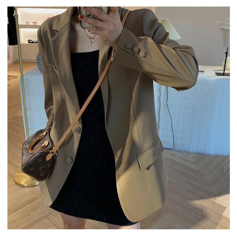 2025 Spring Autumn Women's Brown Blazer, Korean Style Loose Fit Casual Jacket with Notched Lapel, Internet Famous Office Wear for Daily Outfits