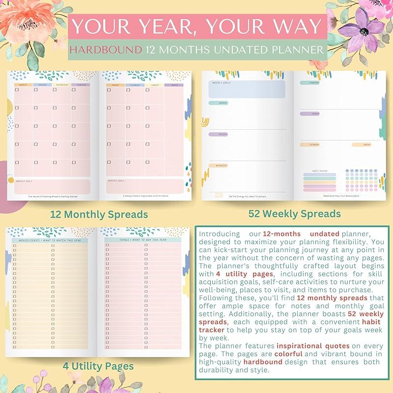 

LAURET BLANC Hardbound 12 Months 2024 Undated Planner- A5 Size, 12 Monthly Spreads, 52 Weekly Spreads, Habit Tracker, Ut